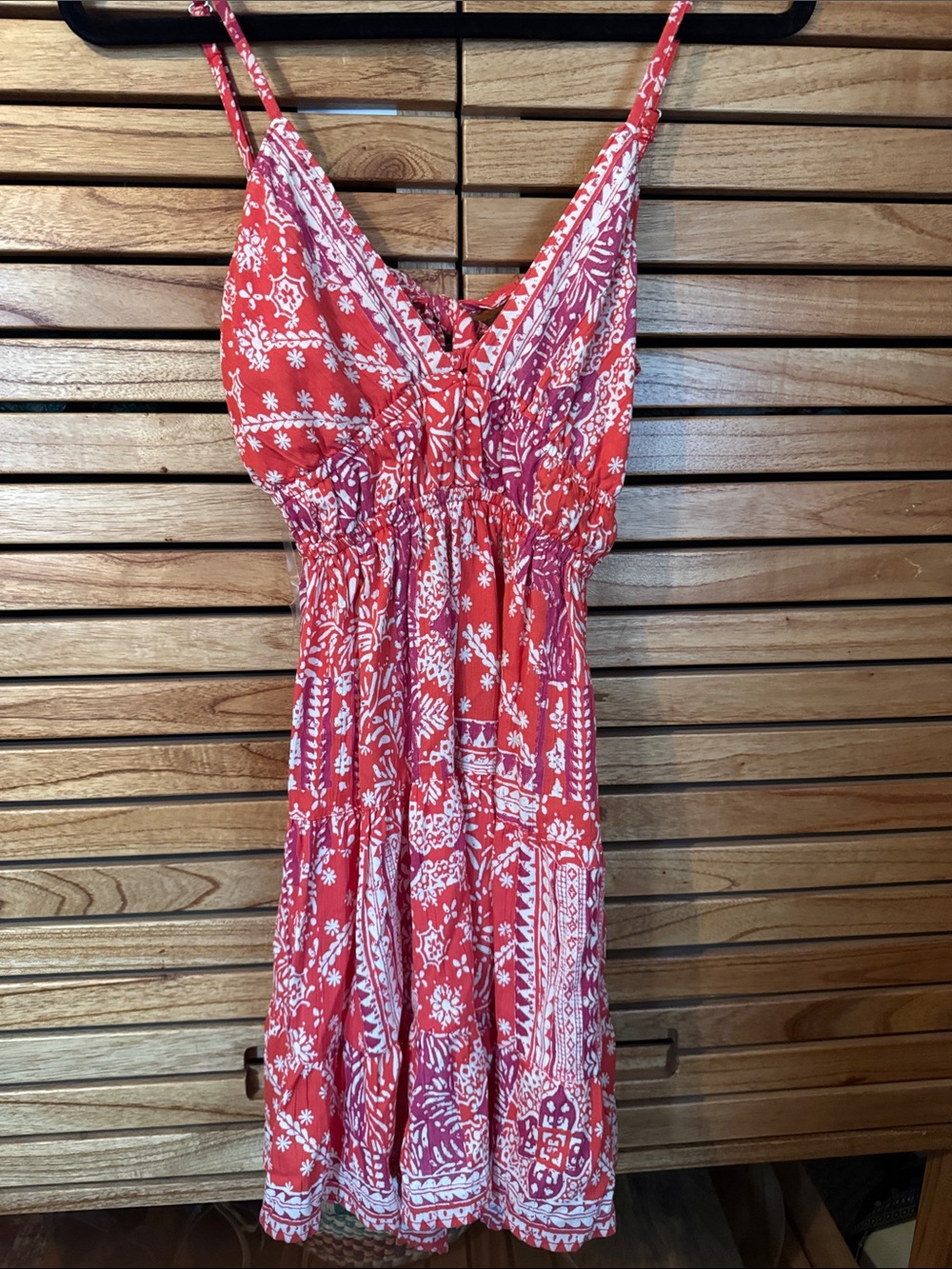 Red Printed Spaghetti-Strap Chemise with Smocked Waist